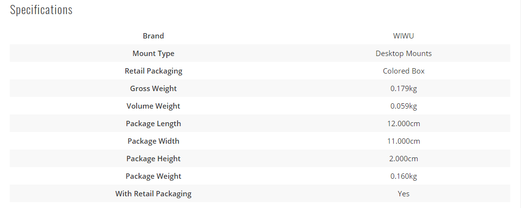 Specifications of the WiWU ZM100 Adjustable Desktop Stand